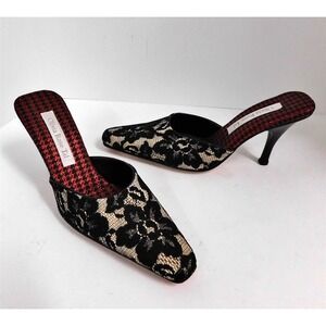 New Olivia Rose Tal Black Beige Lace Slip On Open Back Pumps Italy 7 M‎